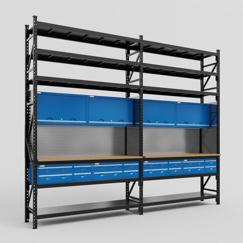 M22 Modular Work Bench with Shelves - H3100mm x W3780mm | MDF WBT | Blue