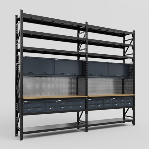 M22 Modular Work Bench with Shelves - H3100mm x W3780mm | MDF WBT | Dark Grey
