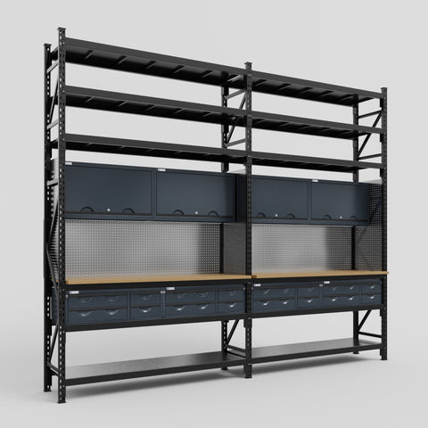 M22 Modular Work Bench with Shelves - H3100mm x W3780mm | MDF WBT | Dark Grey