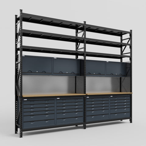 M22 Modular Work Bench with Shelves - H3100mm x W3780mm | MDF WBT | Dark Grey