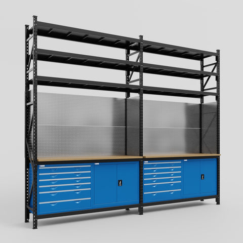 M22-3S Modular Work Bench with Shelves - H3100mm x W3780mm | MDF WBT | Blue