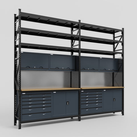 M22-3S Modular Work Bench with Shelves - H3100mm x W3780mm | MDF WBT | Dark Grey