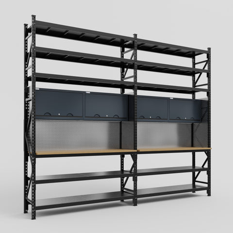 M22 Modular Work Bench with Shelves - H3100mm x W3780mm | MDF WBT | Dark Grey