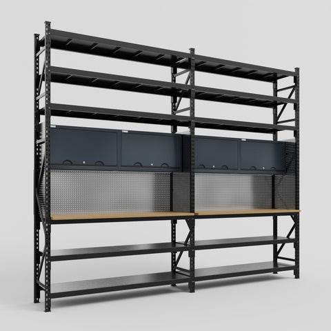M22 Modular Work Bench with Shelves - H3100mm x W3780mm | MDF WBT | Dark Grey