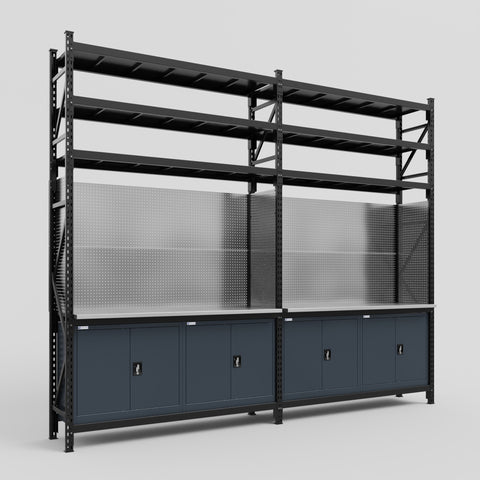 M22 Modular Work Bench with Shelves - H3100mm x W3780mm | Stainless WBT | Dark Grey