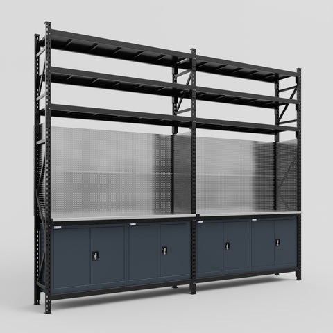 M22 Modular Work Bench with Shelves - H3100mm x W3780mm | Stainless WBT | Dark Grey