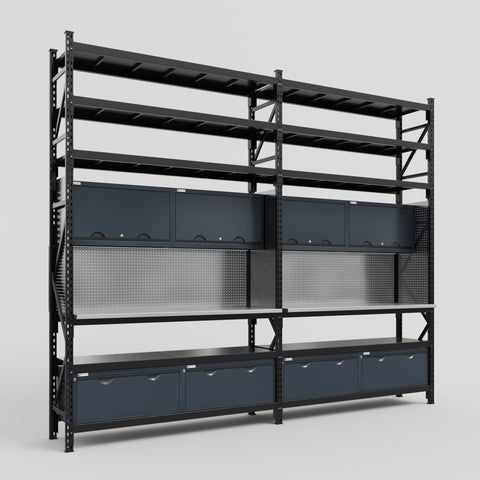 M22 Modular Work Bench with Shelves - H3100mm x W3780mm | Stainless WBT | Dark Grey