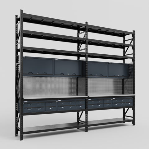 M22 Modular Work Bench with Shelves - H3100mm x W3780mm | Stainless WBT | Dark Grey