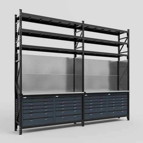 M22 Modular Work Bench with Shelves - H3100mm x W3780mm | Stainless WBT | Dark Grey