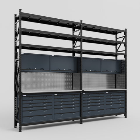 M22 Modular Work Bench with Shelves - H3100mm x W3780mm | Stainless WBT | Dark Grey