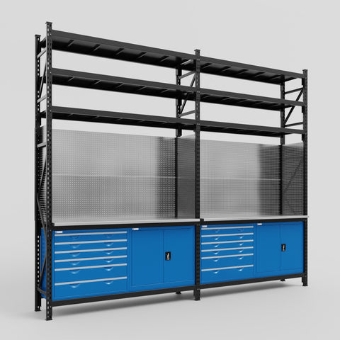 M22-3S Modular Work Bench with Shelves - H3100mm x W3780mm