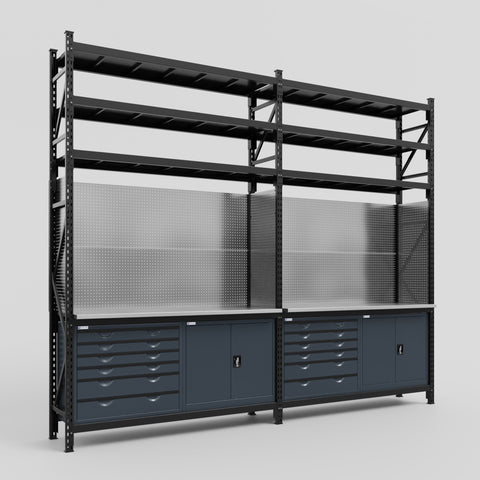 M22-3S Modular Work Bench with Shelves - H3100mm x W3780mm | Stainless WBT | Dark Grey