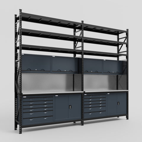 M22-3S Modular Work Bench with Shelves - H3100mm x W3780mm | Stainless WBT | Dark Grey
