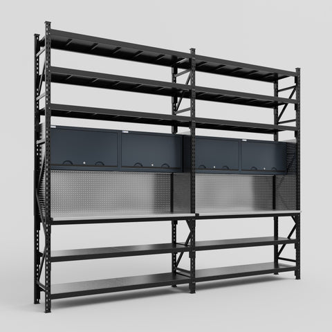 M22 Modular Work Bench with Shelves - H3100mm x W3780mm | Stainless WBT | Dark Grey
