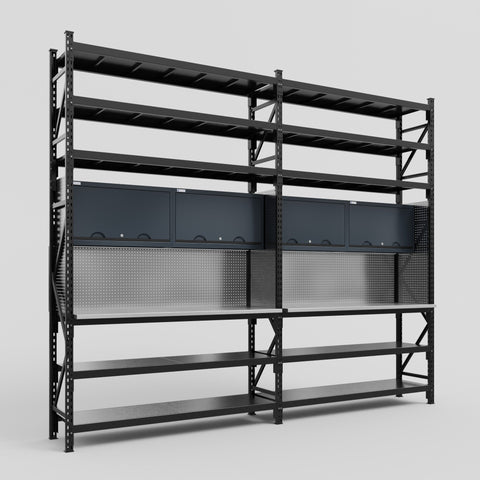 M22 Modular Work Bench with Shelves - H3100mm x W3780mm | Stainless WBT | Dark Grey