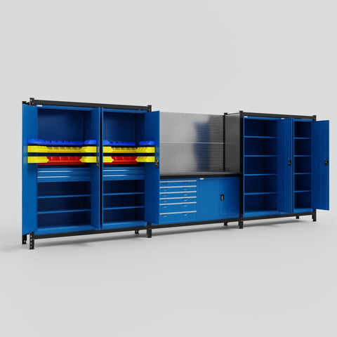 M222-2 Modular Work Bench with Overheads - H2100mm x W5640mm | Laminate WBT | Blue