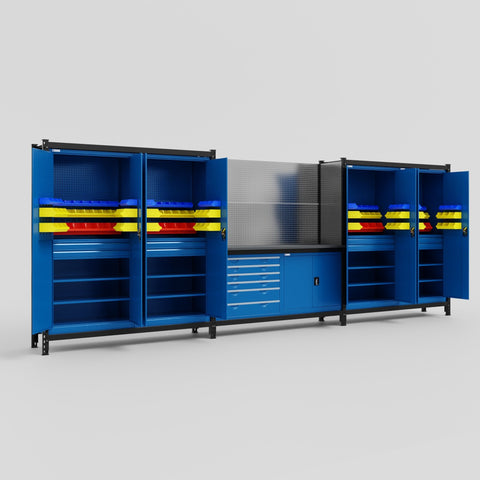 M222-2 Modular Work Bench with Overheads - H2100mm x W5640mm | Laminate WBT | Blue