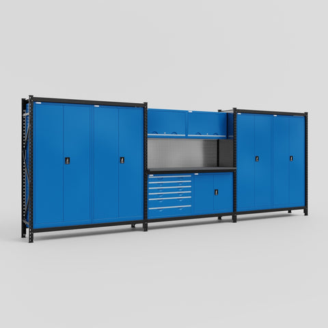 M222-2 Modular Work Bench with Overheads - H2100mm x W5640mm | Laminate WBT | Blue