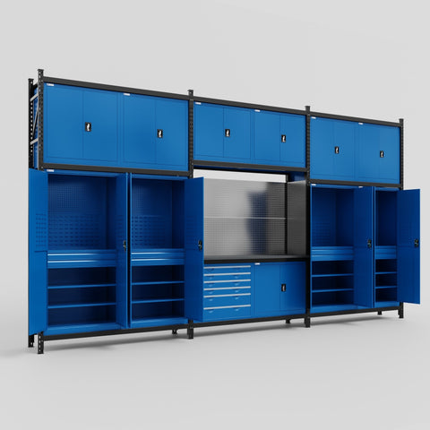 M222-3C Modular Work Bench with Overheads - H3100mm x W5640mm | Laminate WBT | Blue