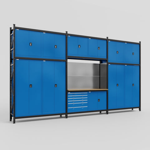 M222-3C Modular Work Bench with Overheads - H3100mm x W5640mm | MDF WBT | Blue