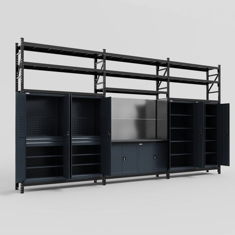 M222 Modular Work Bench with Shelves - H3100mm x W5640mm | Laminate WBT | Dark Grey