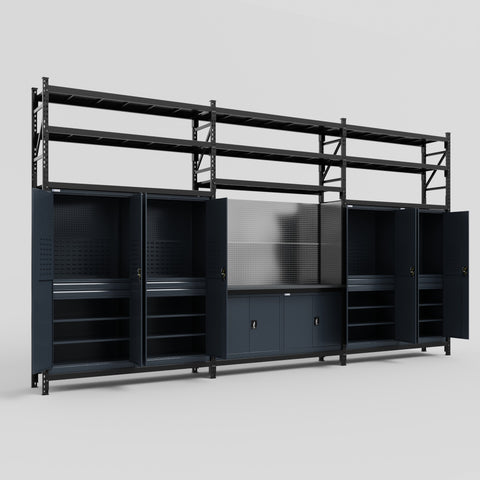 M222 Modular Work Bench with Shelves - H3100mm x W5640mm | Laminate WBT | Dark Grey