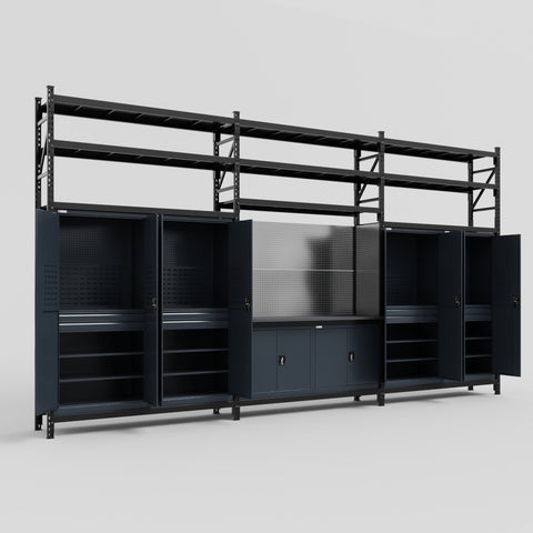 M222 Modular Work Bench with Shelves - H3100mm x W5640mm | Laminate WBT | Dark Grey