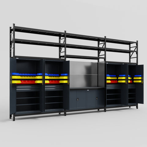M222 Modular Work Bench with Shelves - H3100mm x W5640mm | Laminate WBT | Dark Grey