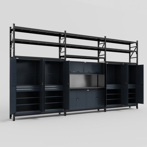 M222 Modular Work Bench with Shelves - H3100mm x W5640mm | Laminate WBT | Dark Grey