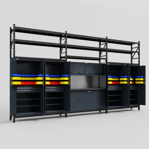 M222 Modular Work Bench with Shelves - H3100mm x W5640mm | Laminate WBT | Dark Grey