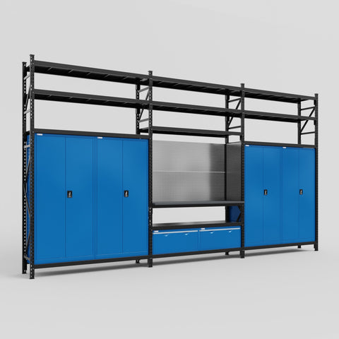 M222 Modular Work Bench with Shelves - H3100mm x W5640mm | Laminate WBT | Blue