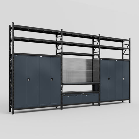 M222 Modular Work Bench with Shelves - H3100mm x W5640mm | Laminate WBT | Dark Grey