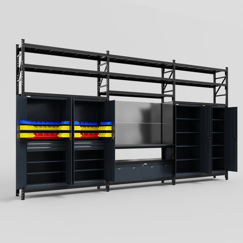 M222 Modular Work Bench with Shelves - H3100mm x W5640mm | Laminate WBT | Dark Grey