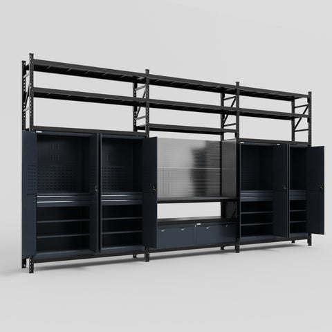 M222 Modular Work Bench with Shelves - H3100mm x W5640mm | Laminate WBT | Dark Grey