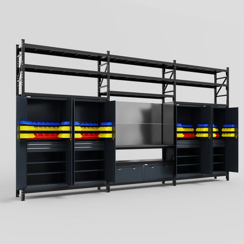 M222 Modular Work Bench with Shelves - H3100mm x W5640mm | Laminate WBT | Dark Grey