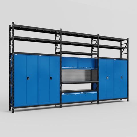 M222 Modular Work Bench with Shelves - H3100mm x W5640mm | Laminate WBT | Blue
