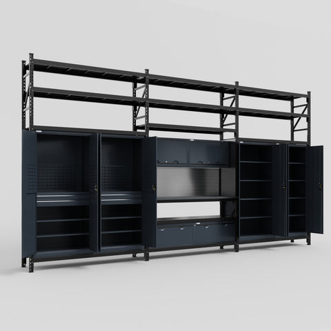 M222 Modular Work Bench with Shelves - H3100mm x W5640mm | Laminate WBT | Dark Grey