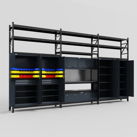 M222 Modular Work Bench with Shelves - H3100mm x W5640mm | Laminate WBT | Dark Grey