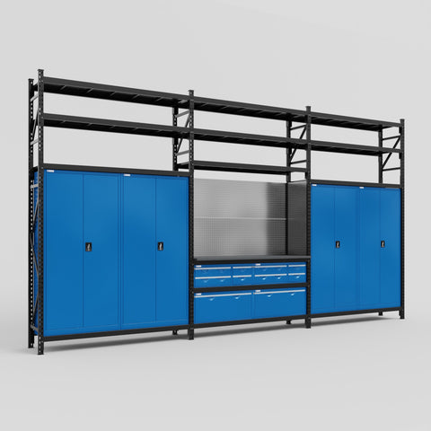 M222 Modular Work Bench with Shelves - H3100mm x W5640mm | Laminate WBT | Blue