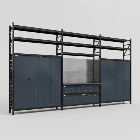 M222 Modular Work Bench with Shelves - H3100mm x W5640mm | Laminate WBT | Dark Grey