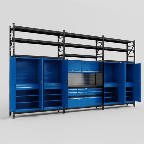 M222 Modular Work Bench with Shelves - H3100mm x W5640mm | Laminate WBT | Blue
