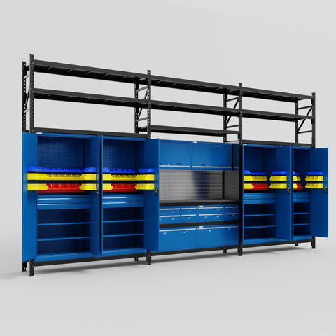 M222 Modular Work Bench with Shelves - H3100mm x W5640mm | Laminate WBT | Blue