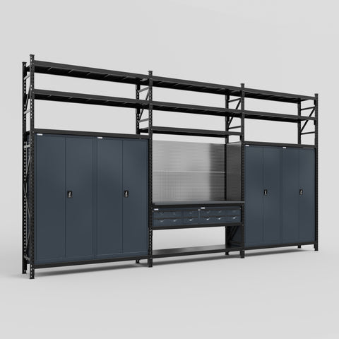 M222 Modular Work Bench with Shelves - H3100mm x W5640mm | Laminate WBT | Dark Grey