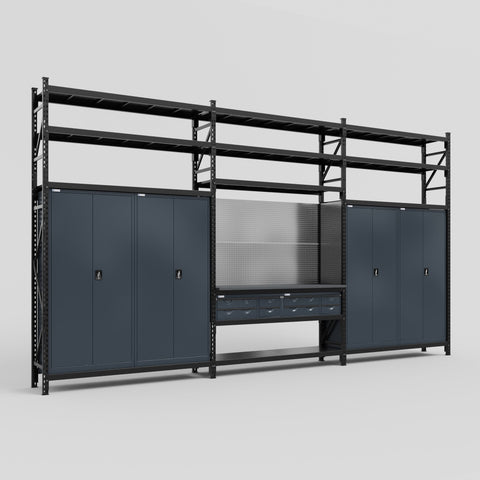 M222 Modular Work Bench with Shelves - H3100mm x W5640mm | Laminate WBT | Dark Grey