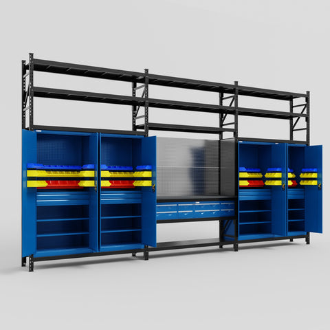 M222 Modular Work Bench with Shelves - H3100mm x W5640mm | Laminate WBT | Blue