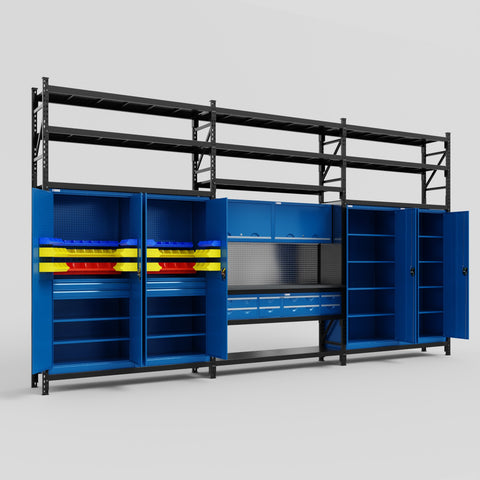 M222 Modular Work Bench with Shelves - H3100mm x W5640mm | Laminate WBT | Blue
