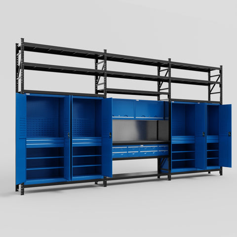 M222 Modular Work Bench with Shelves - H3100mm x W5640mm | Laminate WBT | Blue