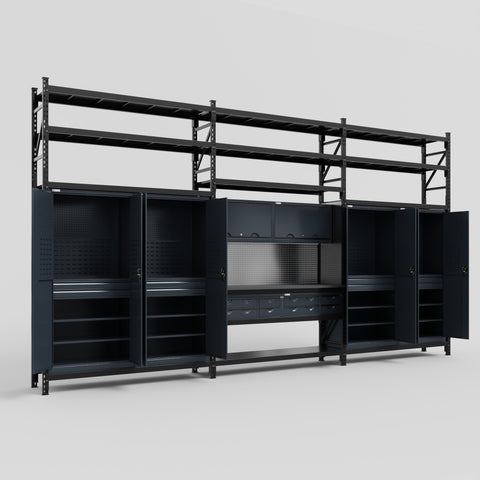 M222 Modular Work Bench with Shelves - H3100mm x W5640mm | Laminate WBT | Dark Grey