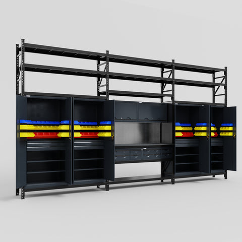 M222 Modular Work Bench with Shelves - H3100mm x W5640mm | Laminate WBT | Dark Grey