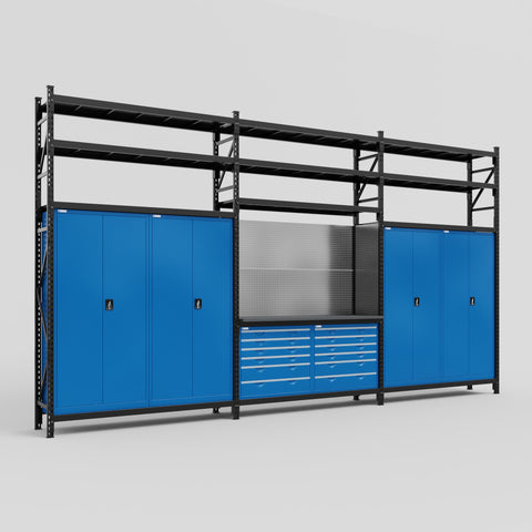 M222 Modular Work Bench with Shelves - H3100mm x W5640mm | Laminate WBT | Blue
